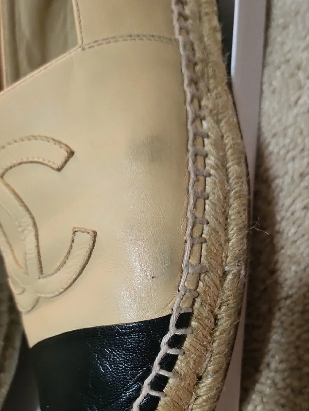 CHANEL Beige and Black Leather Espadrille Flats 38